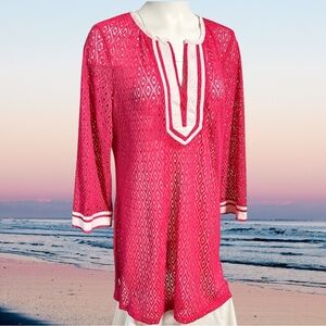 Pink and White 3/4 Sleeve Tunic Swim Coverup